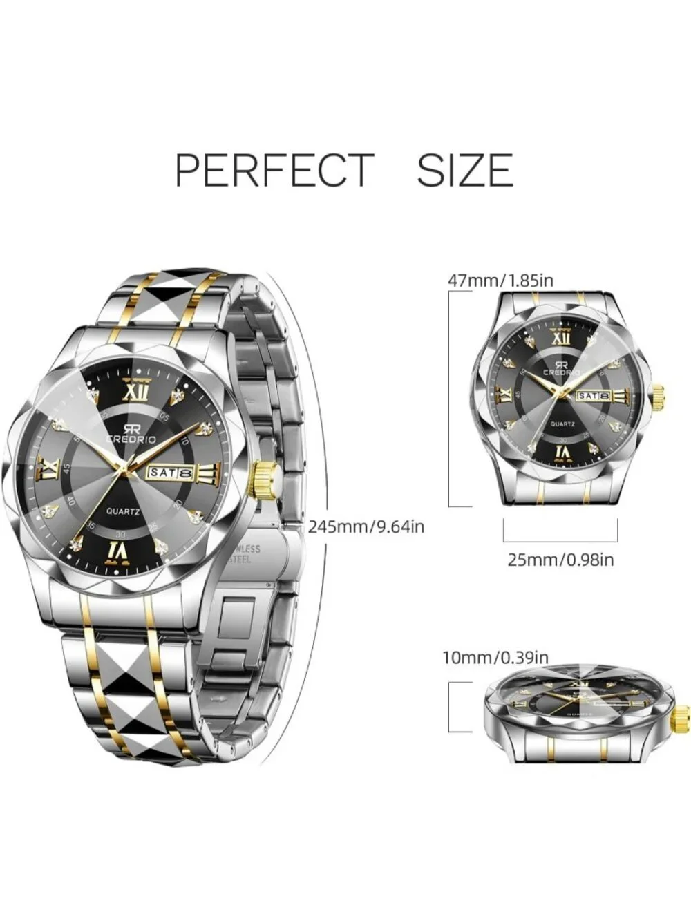 Mens Silver Black Stainless Steel Waterproof Diamond Analog Luminous Wrist Watch